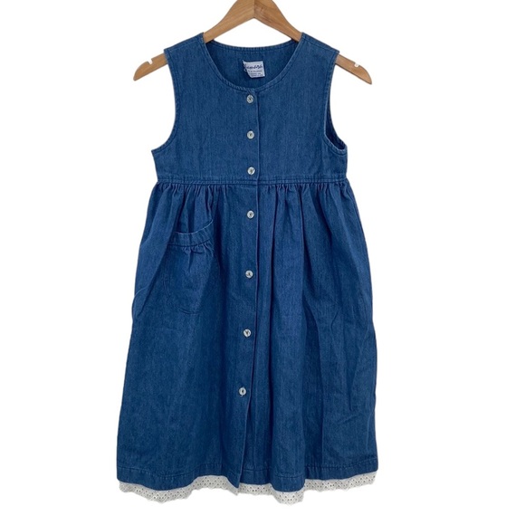 Vintage‎ Samara Dress Girls Large Blue Cotton Denim Button Front Sleeveless Lace - Picture 1 of 8